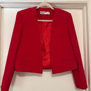 Zara collarless cropped red blazer